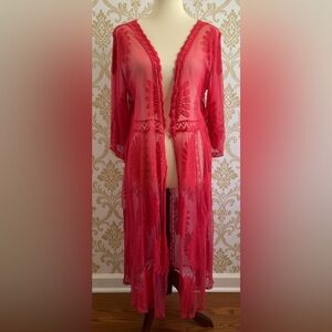Forgotten Grace Sheer Red Lace Embroidered Whimsigoth Open Duster Size Large